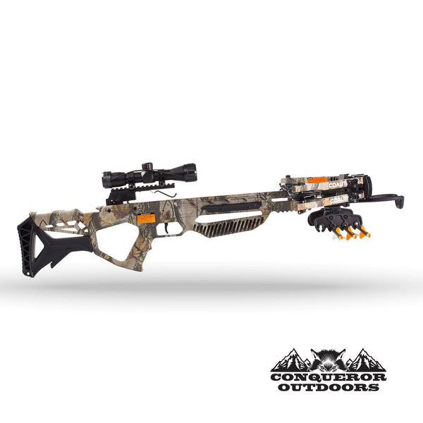 CONQUEROR OUTDOORS PSE Crossbow Coalition | Hunting | Compound | Camo | 380FPS | Cocking Rope, Wax, Quiver, Arrows, Scope | for Left and Right Hand Hunting