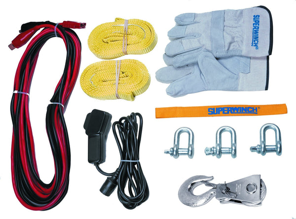 Superwinch 1140232 Winch 2 Go 12V 4000SR Portable Winch System (4000lb with Synthetic Rope, Pulley Block, Gloves, Straps and D-Shackles)