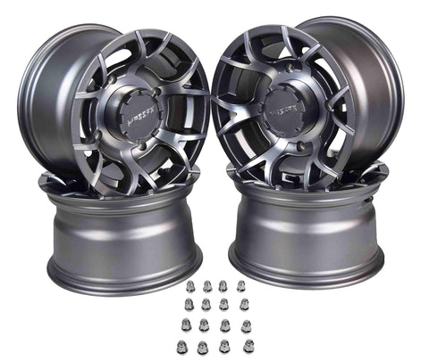 12 inch MASSFX Pit Viper 12x7 4/156 ATV UTV Rims Gun Metal Grey Finish Polaris RZR - 4 Pack Gunmetal Wheels with Lug Nuts