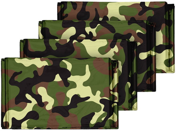 Swiss Safe Emergency Mylar Thermal Blankets (4-Pack) + Bonus Signature Gold Foil Space Blanket: Designed for NASA, Outdoors, Hiking, Survival, Marathons or First Aid (Woodland Camouflage)