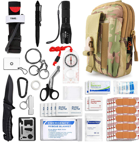Kitgo Emergency Survival Gear and Medical First Aid Kit - IFAK Outdoor Adventure Camping Hiking Military Essential - Pro Compass, Fire Starter, CAT Tourniquet, Flashlight and More