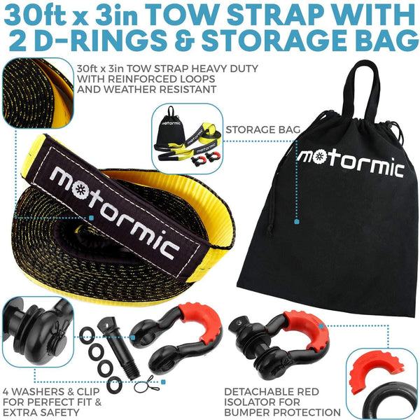 motormic Tow Strap Recovery Kit - 3" x 30ft (30,000 lbs.) Rope + 3/4" D Ring Shackles (2pcs.) + Storage Bag - Heavy Duty Straps for Winch - Truck, Car, ATV, Off Road Vehicle Towing