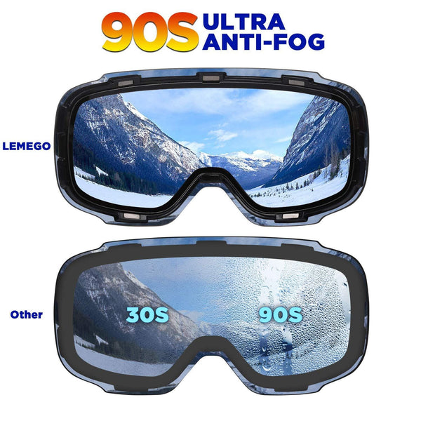 LEMEGO Ski Goggles PRO 90S Super Anti-Fog Ski Snowboard Interchangeable Lens 100% UV400 Protection Snow Goggles Anti-Slip Strap for Men&Women Silver（VLT 14.2%）