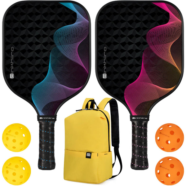 Pickleball-Paddle-Set of 2 Paddles and 4 Indoor Outdoor Balls in Backpack, Fiberglass Pickleball Rackets Pink, Blue for Men Women | Dinkhiiro Pickleball Equipment and Accessories for Adults, Kids