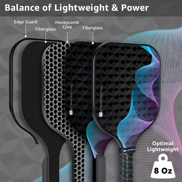 Pickleball-Paddle-Set of 2 Paddles and 4 Indoor Outdoor Balls in Backpack, Fiberglass Pickleball Rackets Pink, Blue for Men Women | Dinkhiiro Pickleball Equipment and Accessories for Adults, Kids