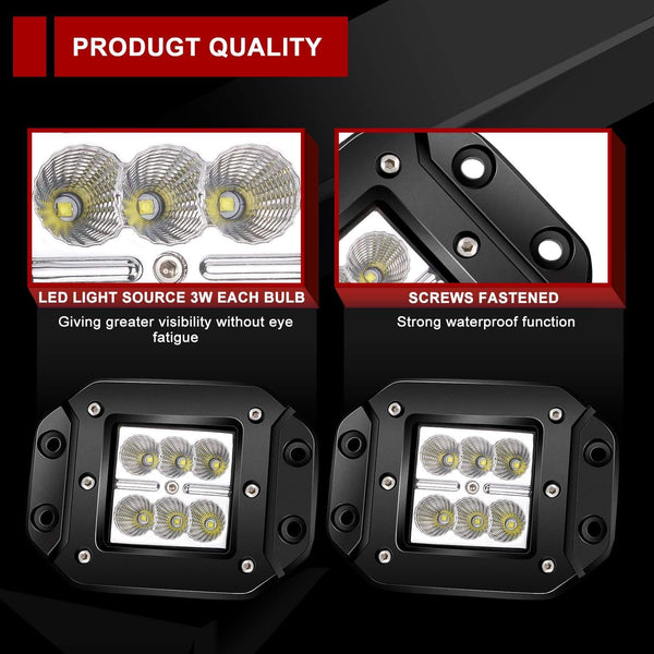 TURBO SII 4PCS 3X3 4.5In Flood Beam Flush Pods Led Work Light Driving Lights Led Light Bar Off Road Led Lights Flush Mount for Jeep Truck Tacoma Bumper Lights ATV UTV 12V 24V