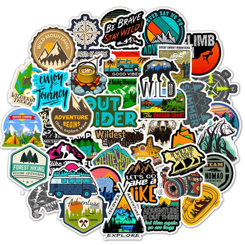 Wilderness Nature Stickers Outdoors Hiking Camping Travel Adventure Laptop Stickers Waterproof Skateboard Snowboard Car Bicycle Luggage Decal 50pcs Pack