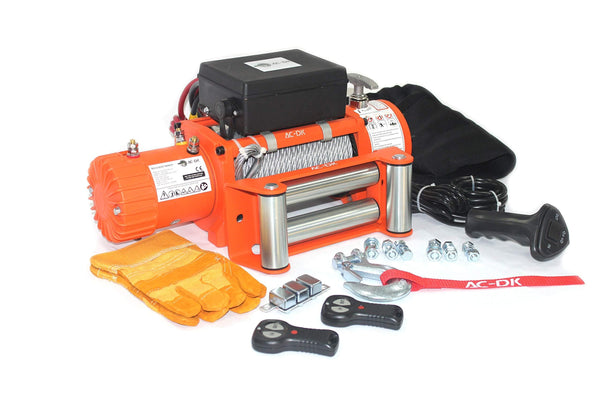 AC-DK 13500 lbs Electric Winch 12V DC Water Proof IP67 Recovery Winch with Steel Wire Rope Orange Color Come with Overload Protection Winch Dust Cover and 2 Wireless Remotes