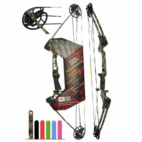 Southwest Archery Ninja Kids Youth Compound Bow Kit - Fully Adjustable 20-29" Draw 10-20LB Pull - 55% Let Off - Pre-Installed Arrow Rest - Finger Saver String - RH, Camo