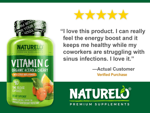 NATURELO Premium Vitamin C with Organic Acerola Cherry and Citrus Bioflavonoids - Whole Food Powder Supplement - Not Synthetic Ascorbic Acid - 500 mg - Non-GMO - Raw Vegan - 90 Capsules
