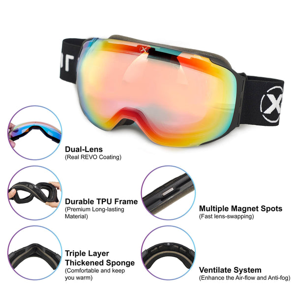 XPIRIT Ski & Snowboard Goggles Men & Women - 100% UV Protection, Anti-Fog & Anti-Scratch - Over-The-Glasses Design, Interchangeable Magnetic Dual Layers Lens - 2 Pairs of Lenses