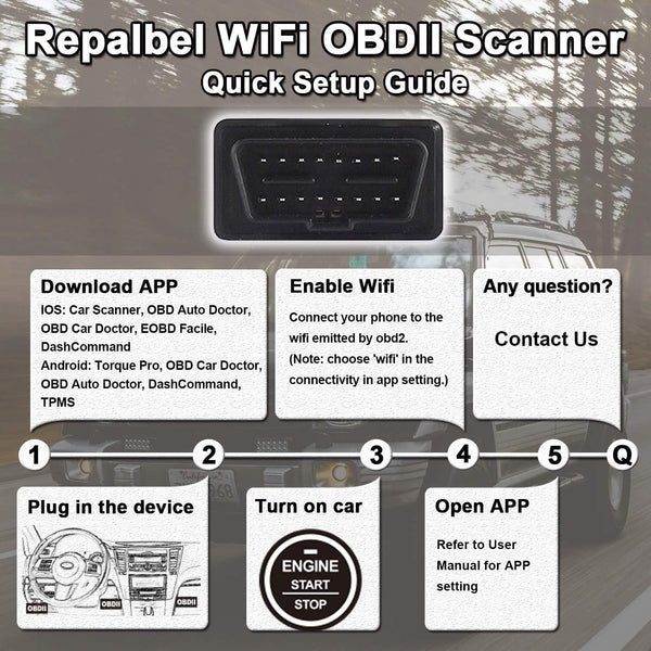 Repalbel WiFi OBD2 Scanner for iOS and Android, Wireless Mini OBD II Car Diagnostic Scan Tool, Read & Clear Fault Engine Light, Support Torque Pro, Car Scanner, OBD Car Doctor, DashCommand, Black