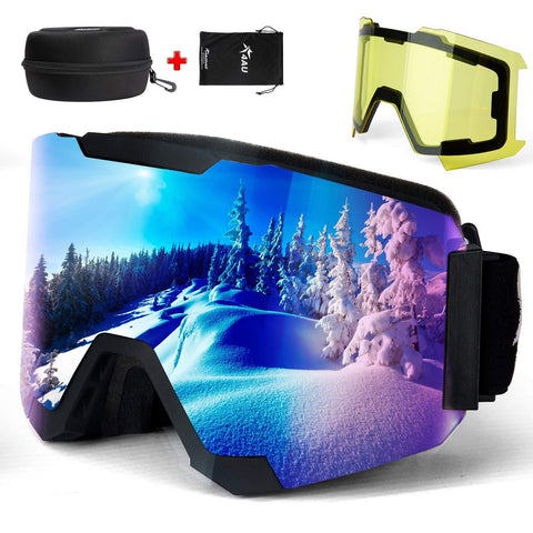 4ActiveU Ski Goggles UV400 Protection Snowboard Goggles Anti-Fog Anti-Scratch Windproof OTG Over The Glasses Snow Goggles Helmet Compatible Dual Magnet Lens for Men Women Youth (Blue Purple Lens)