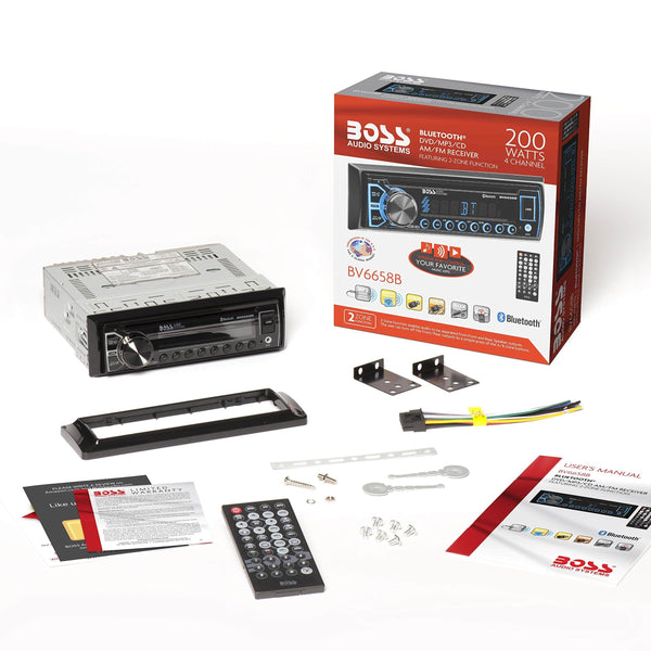 BOSS Audio BV6658B Car Stereo DVD Player - Single Din, Bluetooth Audio and Hands-Free Calling, Built-in Microphone, CD/DVD/MP3/USB/AUX Input, AM/FM Radio Receiver, LCD Display, Wireless Remote Control