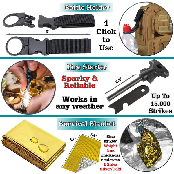 Survival Kit Tactical Camping Gear 14 in 1 Backpack Hiking Outdoor Gifts for Men and Women - Car Emergency EDC Tools - SOS Earthquake Kit Disaster Preparedness