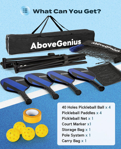 AboveGenius Pickleball Set with Net(17 FT), Pickleball Paddles Set of 1 2 3 4, Portable Pickleball Net for Outdoor Indoor Driveway, 4 Pickleball Balls, 1 Storage Bag, 1 Carry Bag, 1 Court Marker Blue
