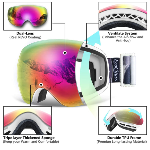 ECOCITUSS OTG Ski Goggles Snowboard Goggles Anti Fog Snow Goggles for Men Women Youth,100% UV Protection，Windproof Helmet Compatible Dual Lens Goggles for Skiing & Skating & Outdoor Sport