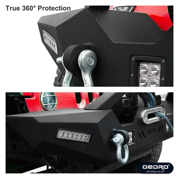 oEdRo Front Bumper, Compatible for 2007-2018 Jeep Wrangler JK & Unlimited, Rock Crawler Bumper with Winch Plate Mounting & 4 x LED Lights & 2 x D-Rings Off Road