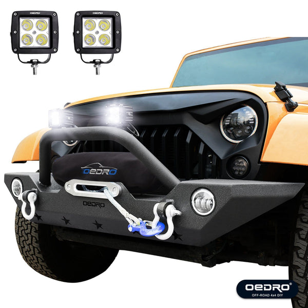 OEDRO Front Bumper Combo Compatible for 07-18 Jeep Wrangler JK & Unlimited with Winch Plate Mounting & 2 D-Rings, Upgraded Textured Black Rock Crawler Off Road Star Guardian Design
