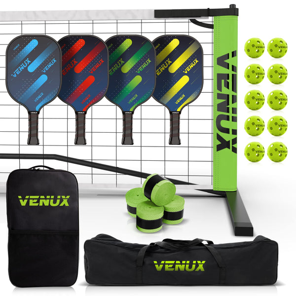 VENUX Portable Pickleball Set with Net - Professional Pickleball Set of 4 Paddles Fiver-Glass Carbon Graphite Surface 10 Balls, 4 Grips, 1 Net, 1 Carrying & 1 Paddle Bag, PVC Official Regulation Size