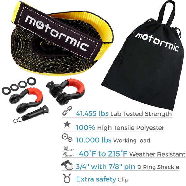 motormic Tow Strap Recovery Kit - 3" x 30ft (30,000 lbs.) Rope + 3/4" D Ring Shackles (2pcs.) + Storage Bag - Heavy Duty Straps for Winch - Truck, Car, ATV, Off Road Vehicle Towing