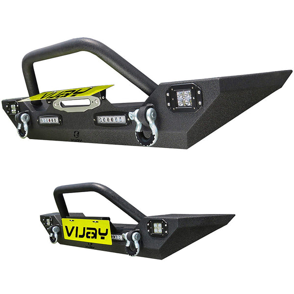 Hunter Front Bumper Compatible for 87-06 Jeep Wrangler TJ & YJ Rock Crawler Black Texture Bumper with Winch Plate & License Plate Bracket & 4X LED Lights & 2X D-Rings Off Road