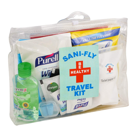 Sani-Fly Seat Sanitation Travel Kit OCD Cleaning Kit for Planes, Trains & Automobiles with Disinfecting, Sanitizing & Hygiene Wipes, Eye Mask, Neck Pillow, Tray & Headrest Covers, Rubber Gloves & More