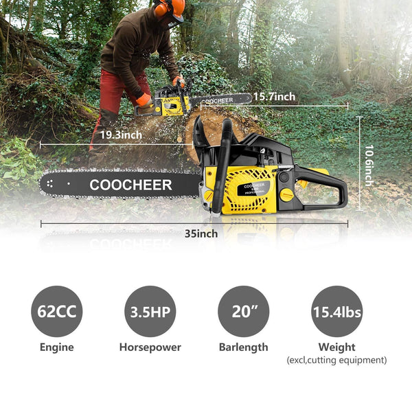 Tinfancy 20 Inch Gas Chainsaw 62CC 2-Stroke Gasoline Powered Chain Saw with Tool Kit for Cutting Trees, Wood, Yellow