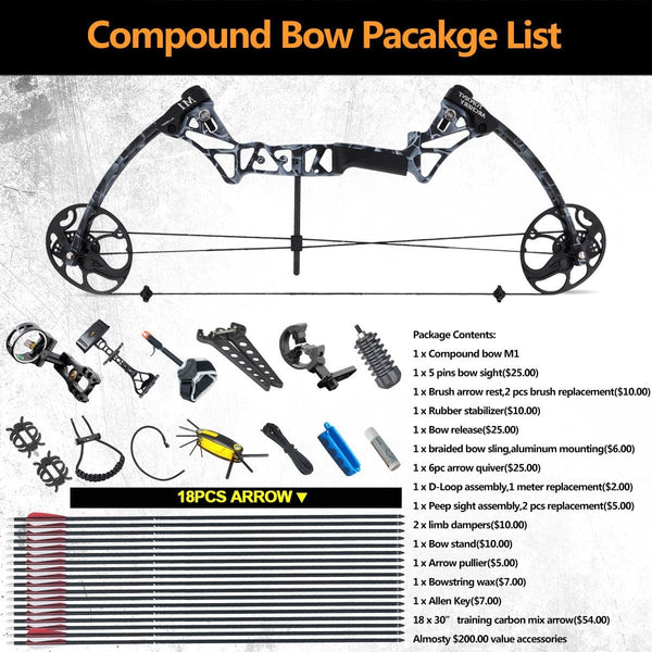 Compound Bow Ship from USA Warehouse,Topoint Archery Package,M1,19"-30" Draw Length,19-70Lbs Draw Weight,320fps IBO Limbs Made in USA (Forest camo)
