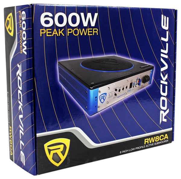 Rockville RW8CA 8" 600 Watt Under-Seat Slim Amplified Car Subwoofer +Wire Kit