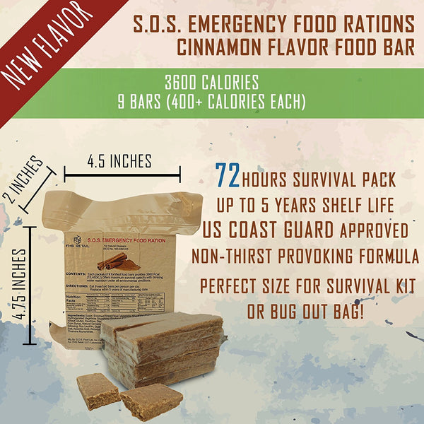 SOS Food Labs SOScin1pk S.O.S. Rations Emergency 3600 Calorie Cinnamon Flavor Food Bar - 3 Day / 72 Hour Package with 5 Year Shelf Life- 1 Pack