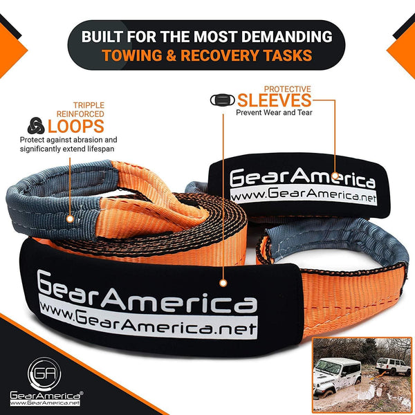 GearAmerica (Bundle) Tow Strap 3" x20' + Tree Saver Winch Strap 3" x8' | Heavy Duty 35,000 LBS (17.5 T) Strength | Off-Road Towing and Recovery | Tipple Reinforced Loops + Protective Sleeves (2PK)
