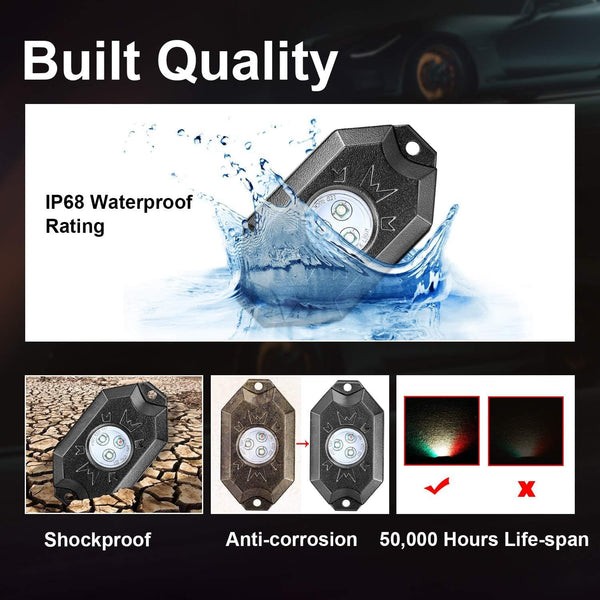 RGB LED Rock Light Kits, Teochew-LED 4 Pods RGB Rock Lights with Bluetooth Controller Multicolor LED Underglow Light Kits Neon LED Wheel Well Lights for RZR ATV UTV Truck SXS Jeep Car