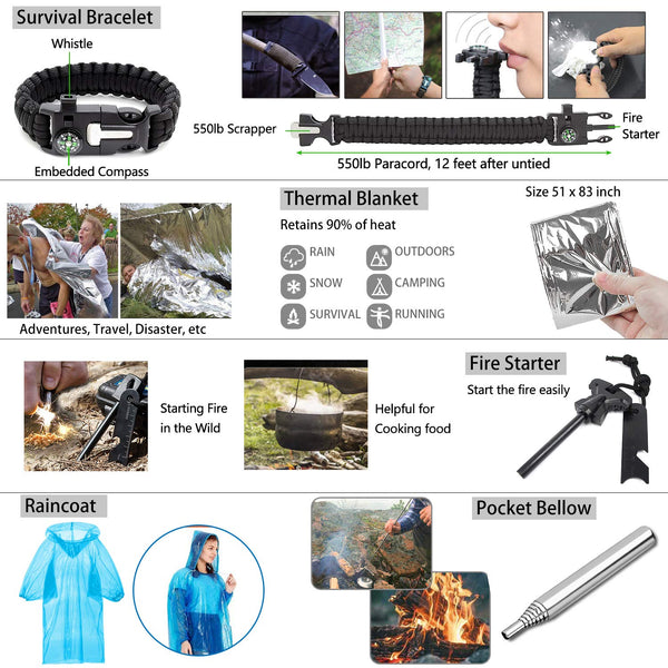 Emergency Survival Kit 47 in 1 Professional Survival Gear Tool First Aid Kit SOS Emergency Tactical Flashlight Knife Pliers Pen Blanket Bracelets Compass with Molle Pouch for Camping Adventures