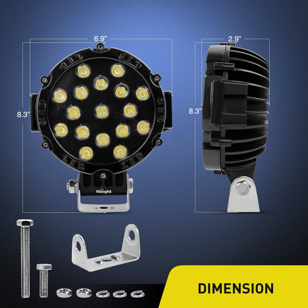 Nilight 15023SB-B Led 2PCS 7" 51w 5100LM Black Round Spot Light Pod Off Road Fog Driving Roof Bar Bumper for Jeep,SUV Truck, Hunters, 2 Years Warranty