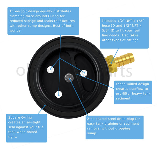 Ohio Diesel Parts Fuel Tank Sump Kit for Diesel or Gasoline Fuel Tanks with 1/2" and 5/8" Barb Sizes (Black)