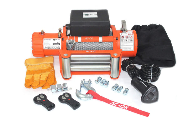 AC-DK 13500 lbs Electric Winch 12V DC Water Proof IP67 Recovery Winch with Steel Wire Rope Orange Color Come with Overload Protection Winch Dust Cover and 2 Wireless Remotes