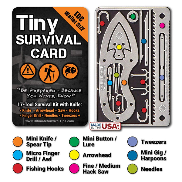 Tiny Survival Card: A 17-Tool Survival Kit with Knife That Fits in Your Wallet - Ultimate EDC, Multitool Card for Your Wallet - Great Gift!