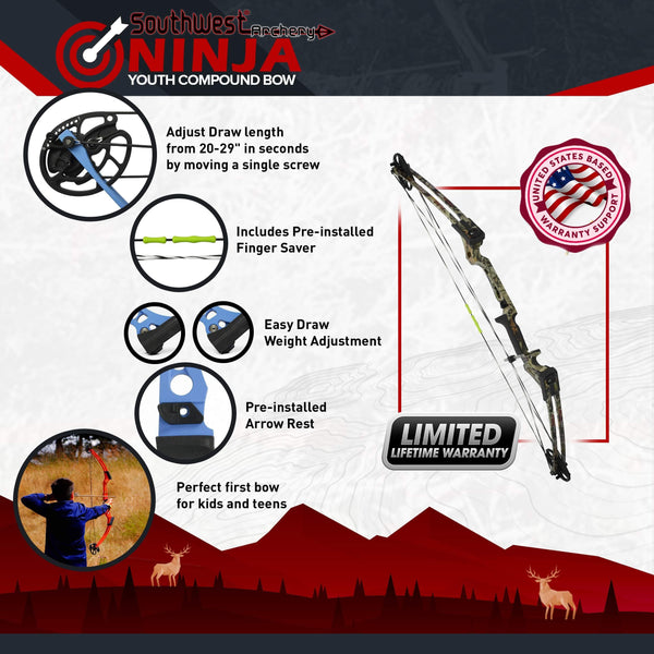 Southwest Archery Ninja Kids Youth Compound Bow Kit - Fully Adjustable 20-29" Draw 10-20LB Pull - 55% Let Off - Pre-Installed Arrow Rest - Finger Saver String - RH, Camo