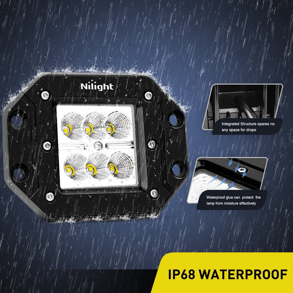 Nilight 2PCS 18W Flood LED Work Light Driving Lights Led Light Bar Off Road Led Lights Flush Mount for Jeep Truck Tacoma Bumper ATV UTV,2 Years Warranty