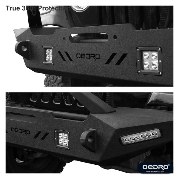 oEdRo Front Bumper Compatible for 87-06 Jeep Wrangler TJ & YJ Rock Crawler Bumper with Winch Plate Mounting & 4X LED Lights & 2X D-Rings Off Road