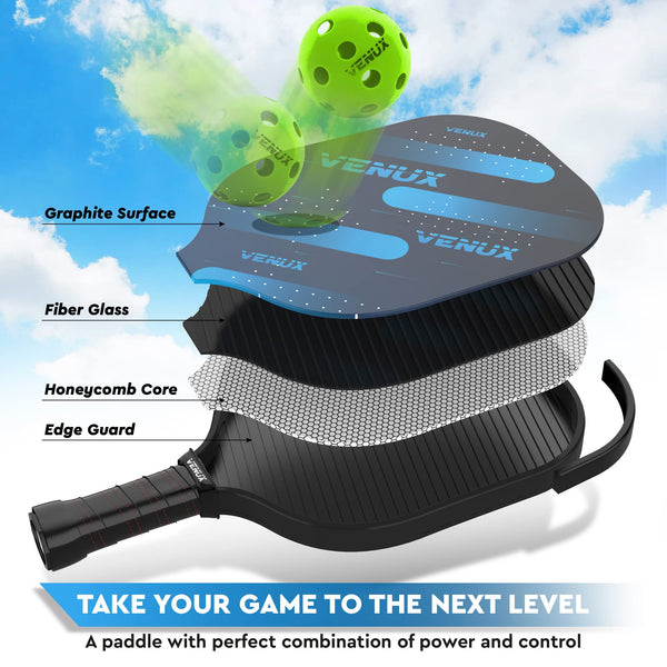 VENUX Portable Pickleball Set with Net - Professional Pickleball Set of 4 Paddles Fiver-Glass Carbon Graphite Surface 10 Balls, 4 Grips, 1 Net, 1 Carrying & 1 Paddle Bag, PVC Official Regulation Size