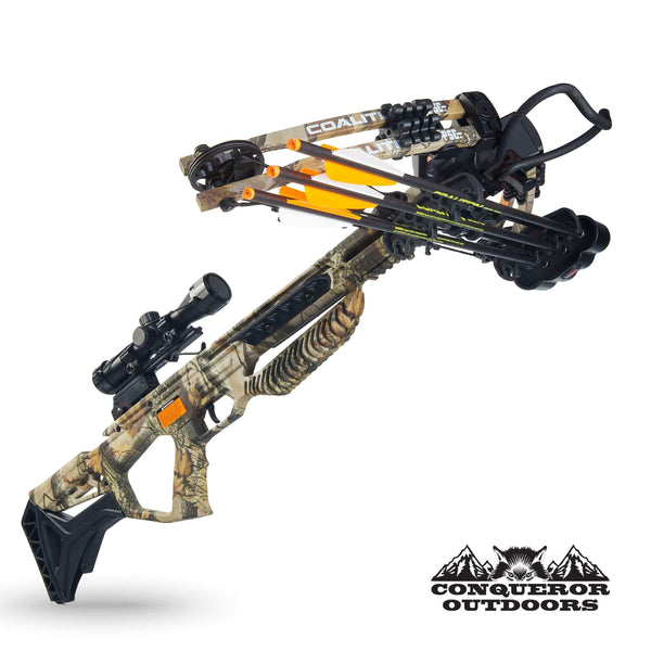 CONQUEROR OUTDOORS PSE Crossbow Coalition | Hunting | Compound | Camo | 380FPS | Cocking Rope, Wax, Quiver, Arrows, Scope | for Left and Right Hand Hunting