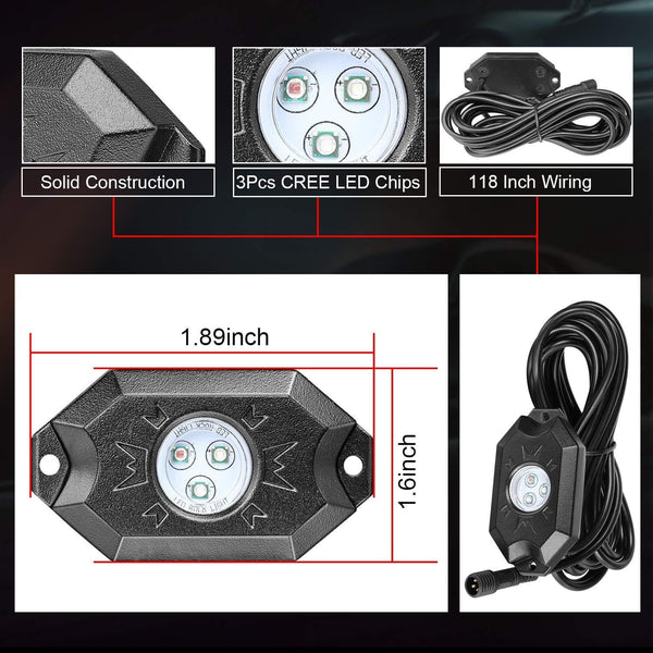 RGB LED Rock Light Kits, Teochew-LED 4 Pods RGB Rock Lights with Bluetooth Controller Multicolor LED Underglow Light Kits Neon LED Wheel Well Lights for RZR ATV UTV Truck SXS Jeep Car