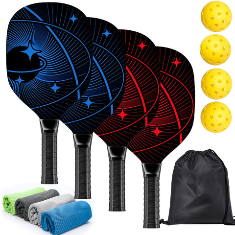 Pickleball Set with 4 Premium Wood Pickleball Paddles, 4 Pickleball Balls, 4 Cooling Towels & Carry Bag, Pickleball Rackets with Ergonomic Cushion Grip, Gifts for Men Women