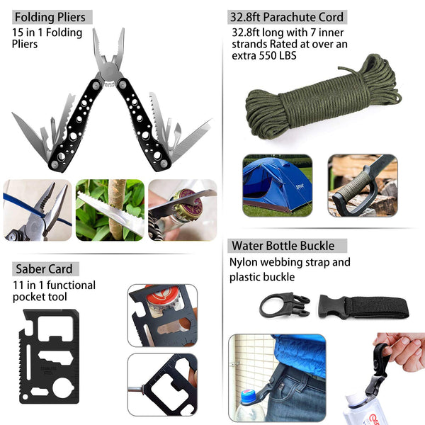 Emergency Survival Kit 47 in 1 Professional Survival Gear Tool First Aid Kit SOS Emergency Tactical Flashlight Knife Pliers Pen Blanket Bracelets Compass with Molle Pouch for Camping Adventures