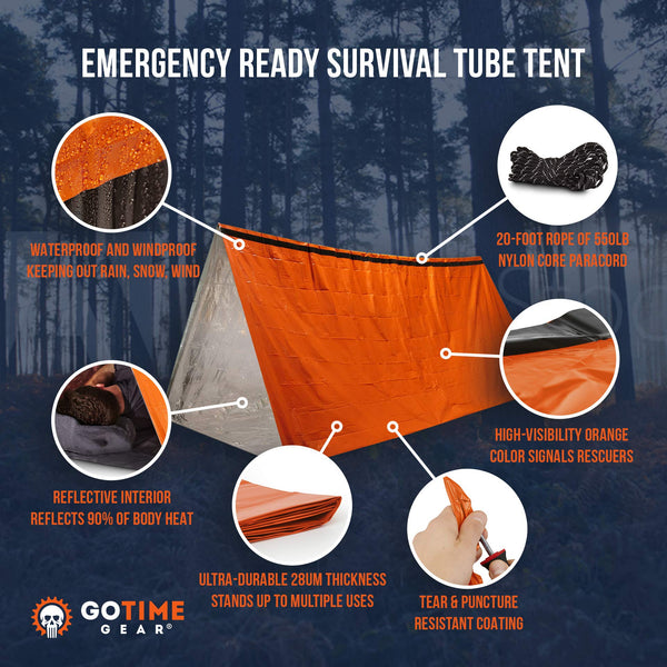 Go Time Gear Life Tent Emergency Survival Shelter - 2 Person Emergency Tent - Use As Survival Tent, Emergency Shelter, Tube Tent, Survival Tarp - Includes Survival Whistle & Paracord (Orange)