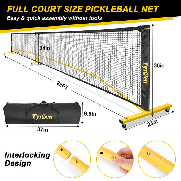 Portable Pickleball Net on Wheels, 22FT Pickleball Net for Driveway Backyard, Strong PE Net, Metal Frame, 4 Pickle Balls, 1 Carry Bag, Pickleball Net System for Indoor & Outdoor Play