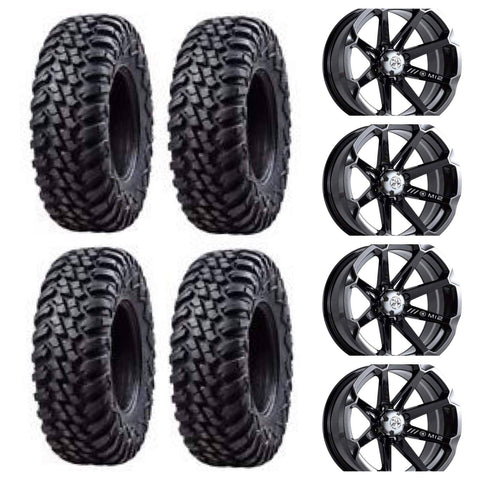 Four 32x10-15 TUSK TERRABITES mounted on Four MOTOSPORT ALLOYS M12 DIESEL Wheels - 4/156 Bolt Pattern - POLARIS RZR GENERAL RANGER SPORTSMAN 1000 900 800 570 (Black)