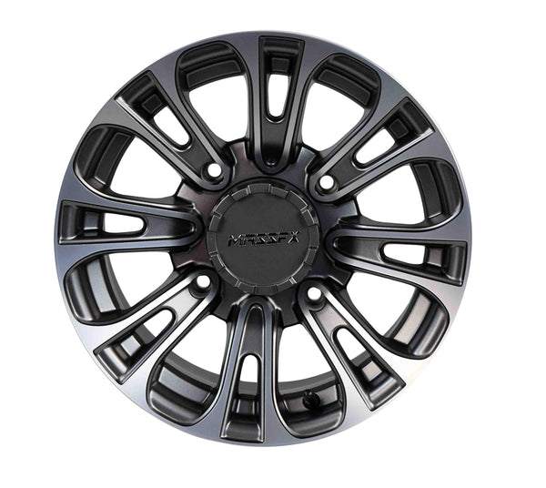 14 inch MASSFX QUAKE 14x7 4/156 ATV UTV Rims Gun Metal Grey Finish RZR Gunmetal Gray Wheels - 4 Pack with Lug Nuts